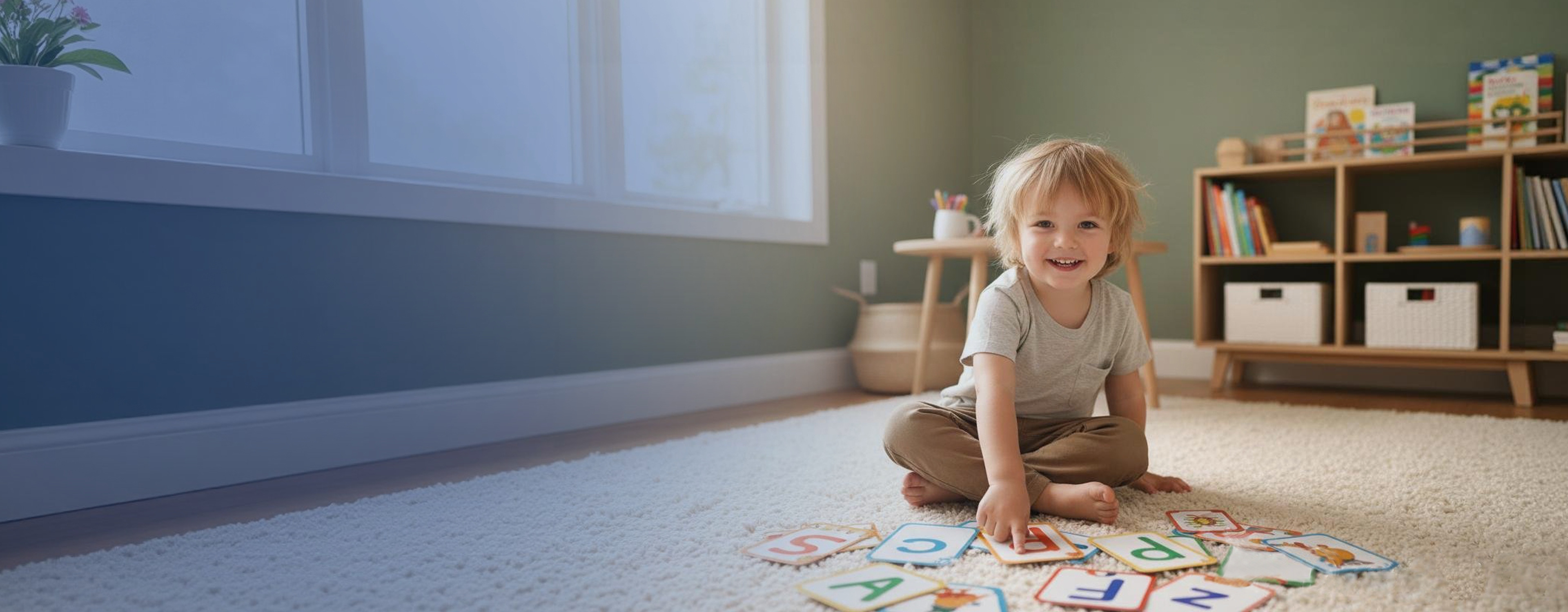 Child playing with alphabet blocks on a carpeted floor in a room with a bookshelf.1621243260e1af0c20-0